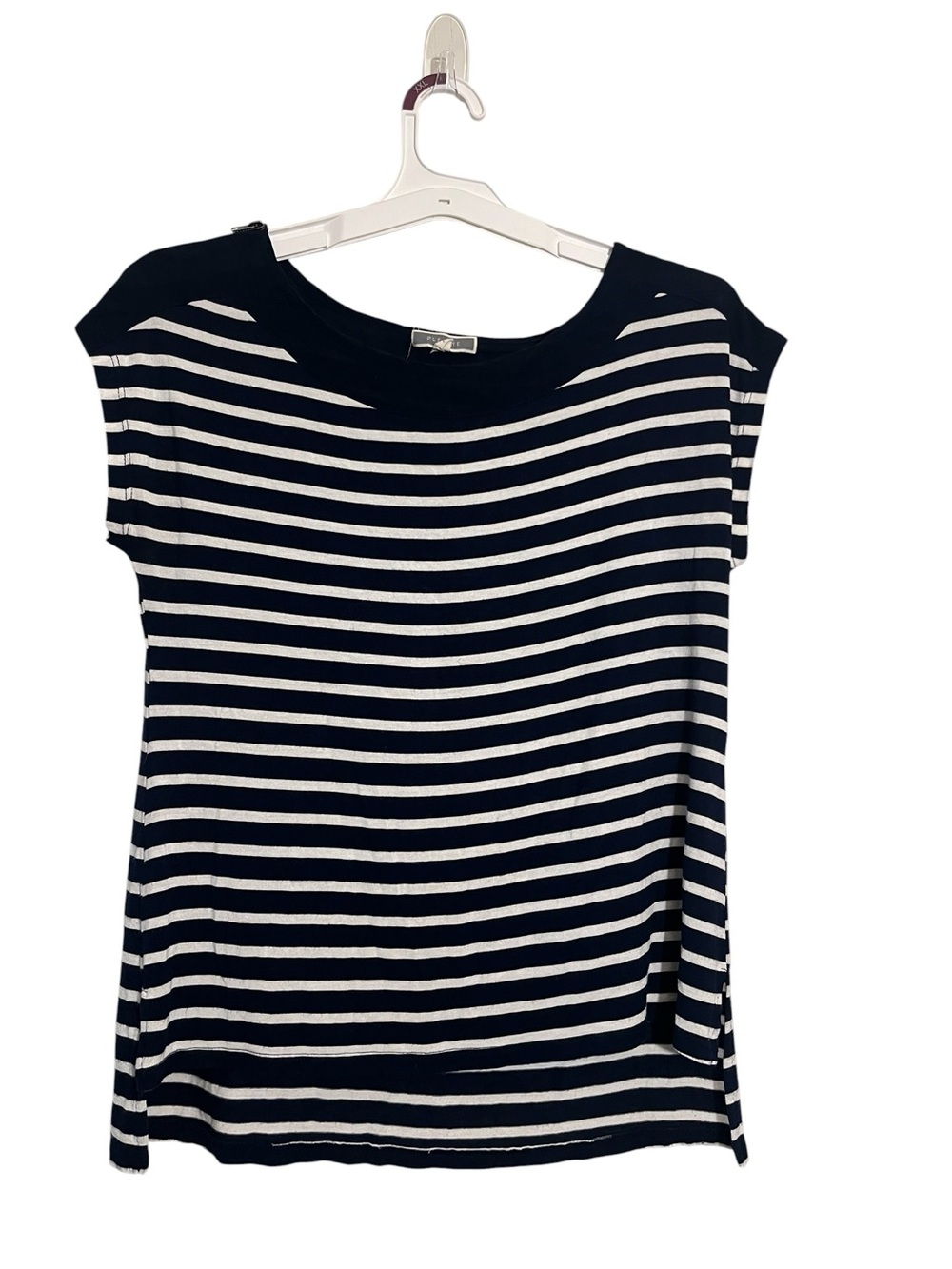 Pleione Navy & White Striped Cap-Sleeve with zippers Tee